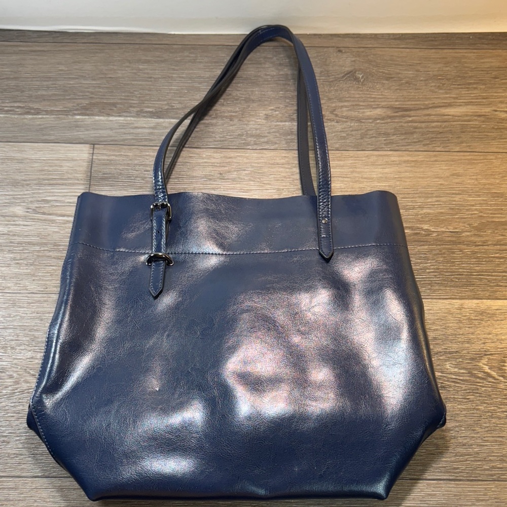 S Zone navy Blue Leather Tote Bag